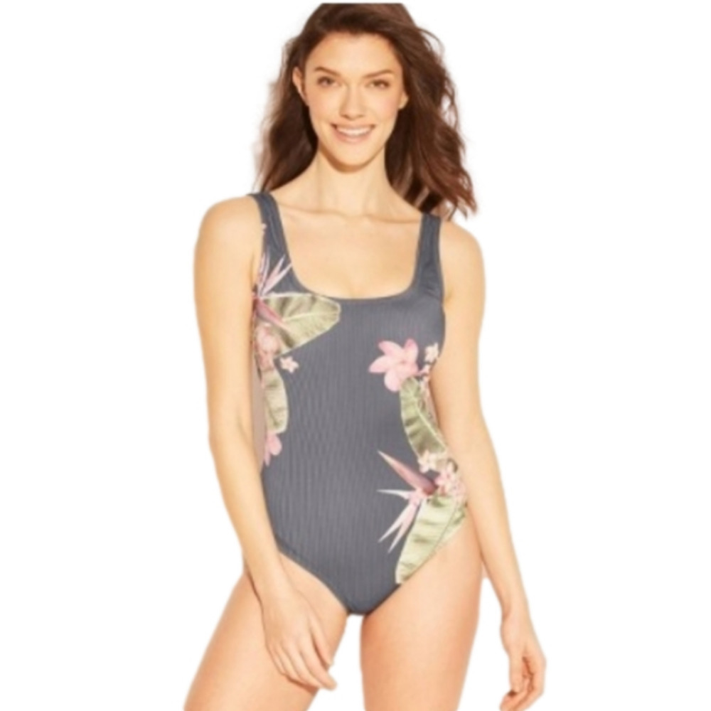 Kona Sol One Piece Ribbed Swimsuit Gray Floral